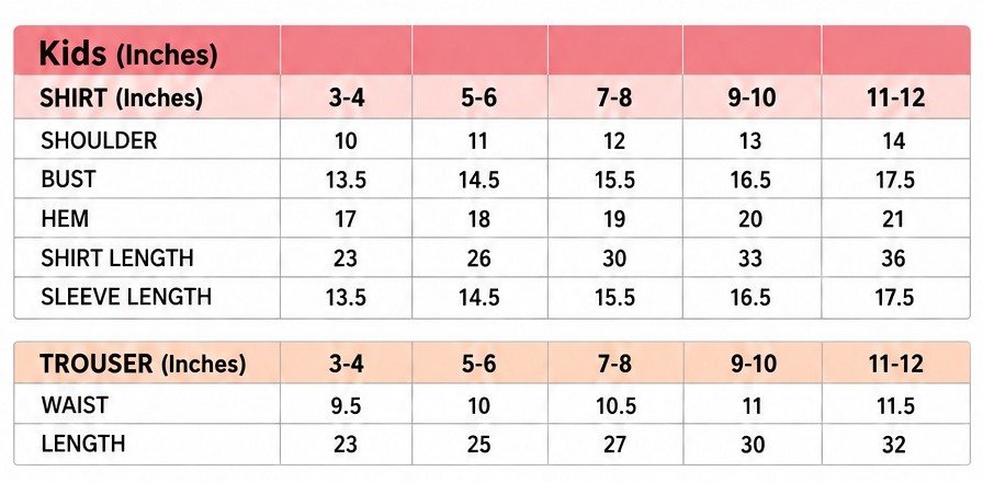 Rang De kids size guide with shirt and trouser measurements