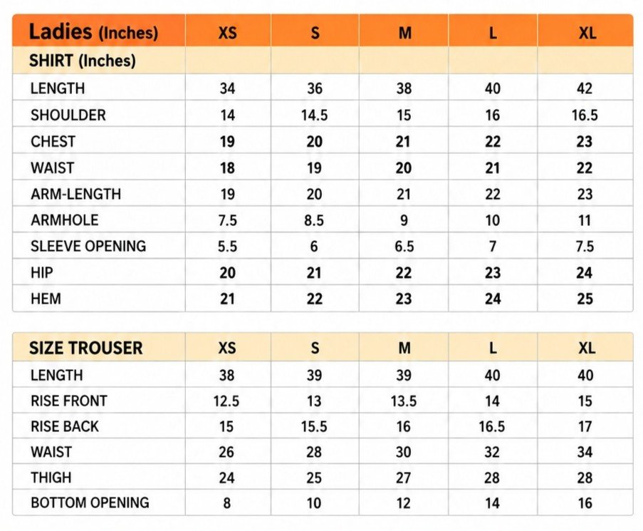 Rang De ladies size guide with shirt and trouser measurements