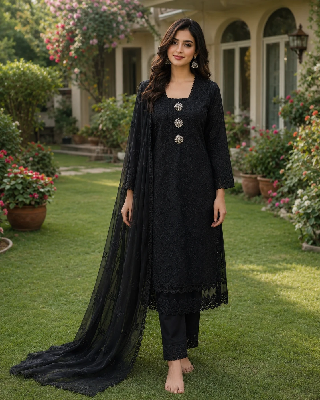 Black Chicken Kari Cotton Suit with Chiffon Dupatta image 2