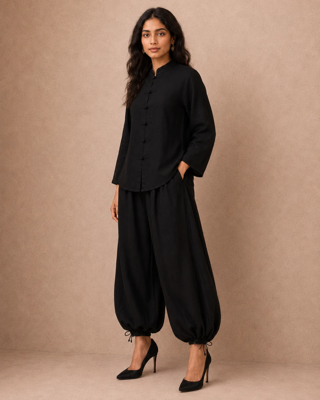 Black Balloon Shalwar with Short Shirt - Irish Georgette image 4