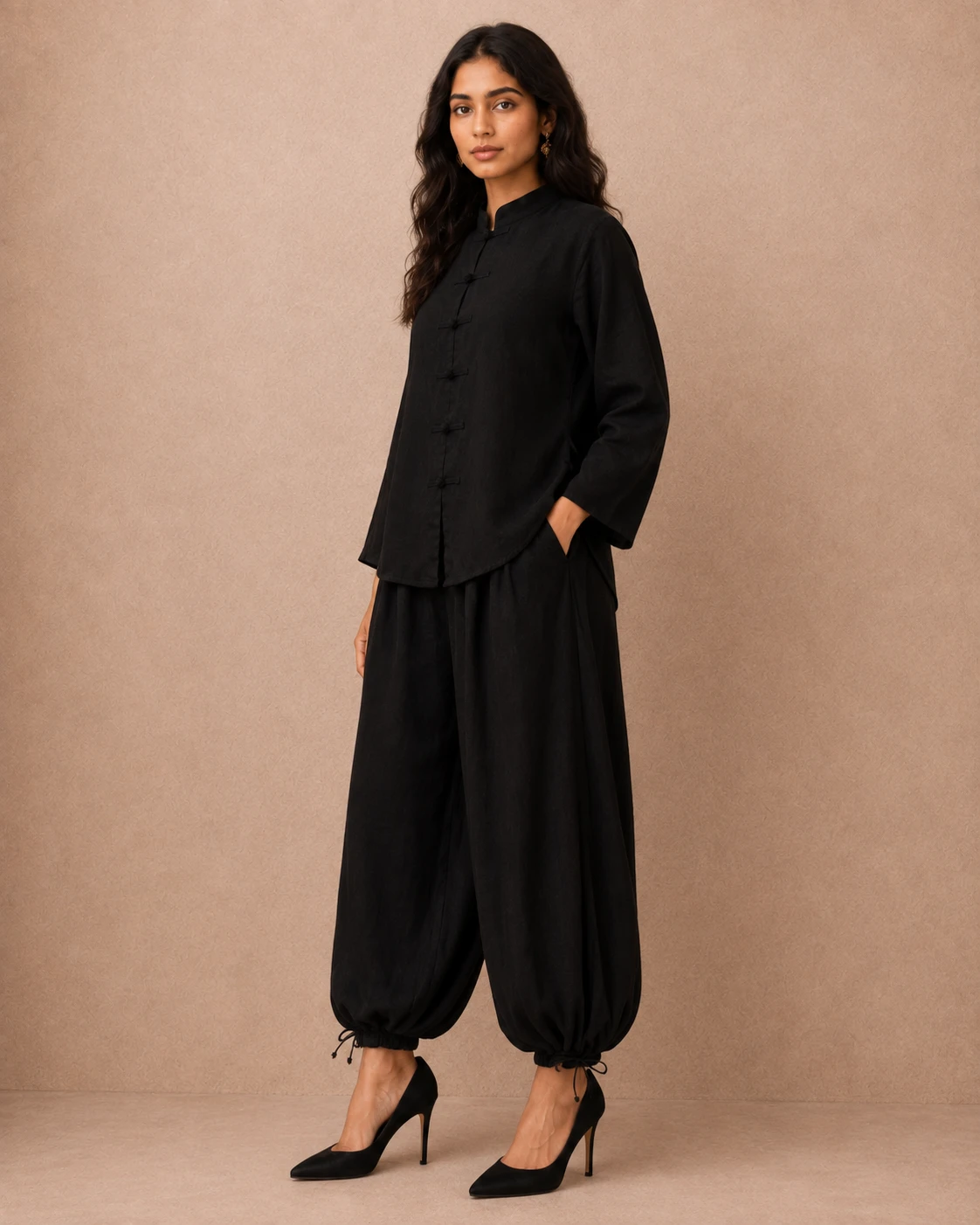 Black Balloon Shalwar with Short Shirt - Irish Georgette image 5