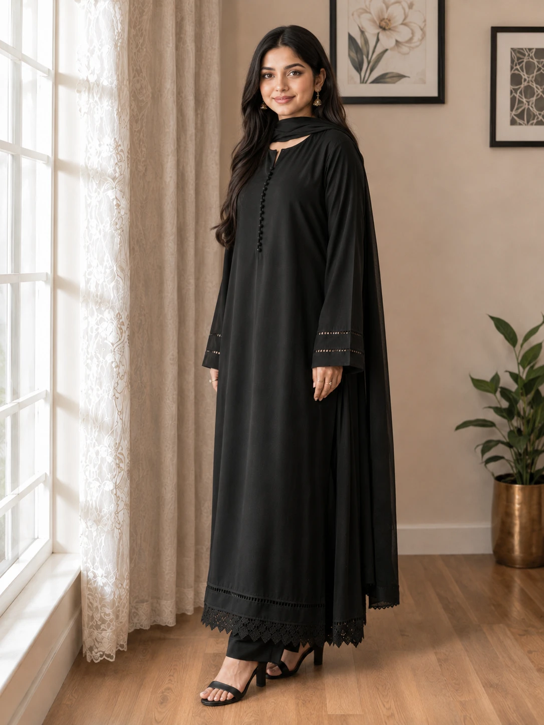 Black Cotton Suit 2pc with Lace Detailing image 5