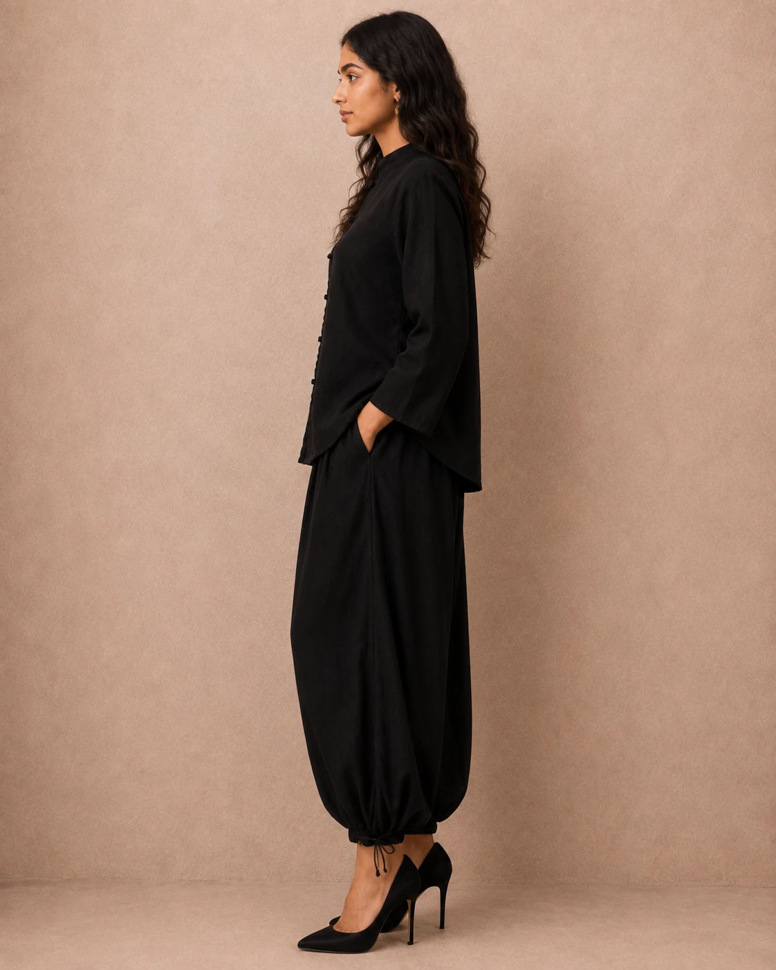 Black Balloon Shalwar with Short Shirt - Irish Georgette image 6