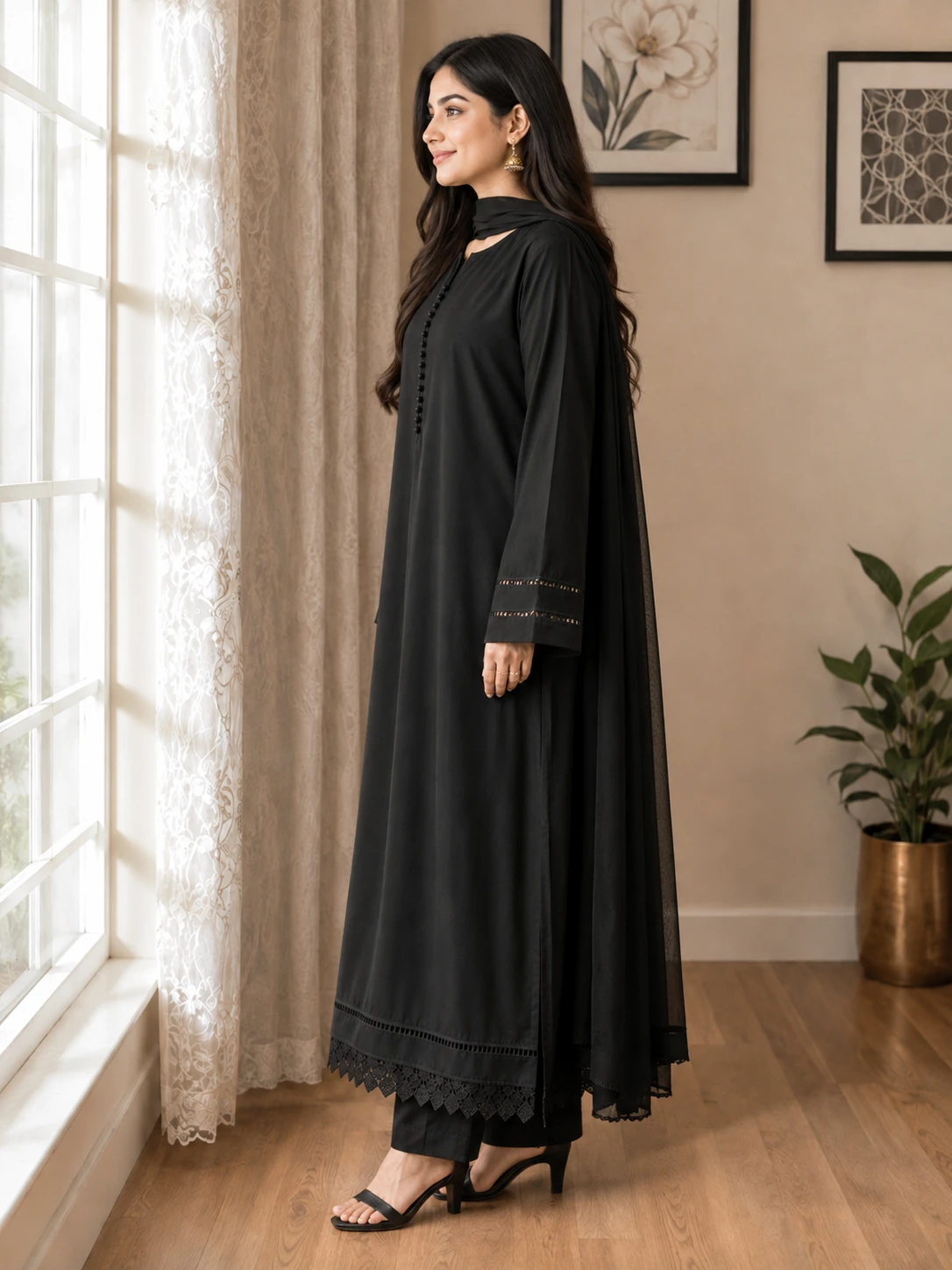 Black Cotton Suit 2pc with Lace Detailing image 6