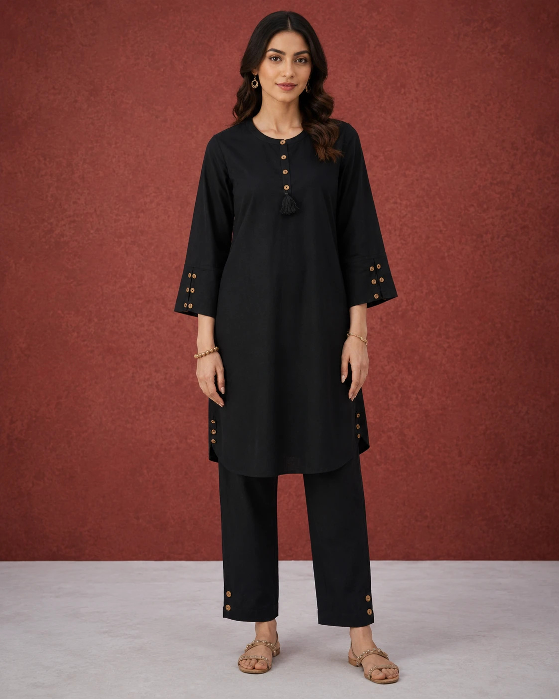 Black Wooden Button Cotton Suit image 2