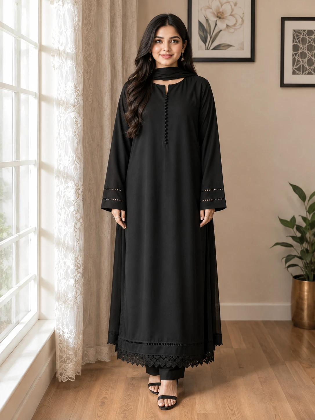 Black Cotton Suit 2pc with Lace Detailing image 2