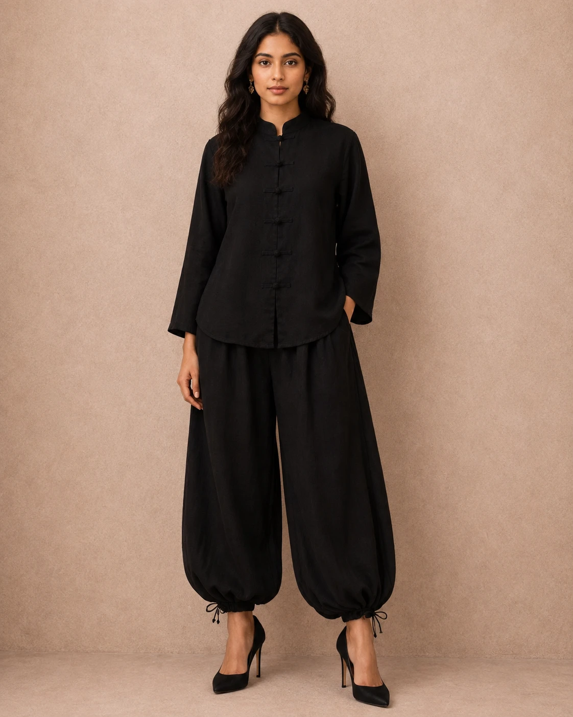 Black Balloon Shalwar with Short Shirt - Irish Georgette image 2