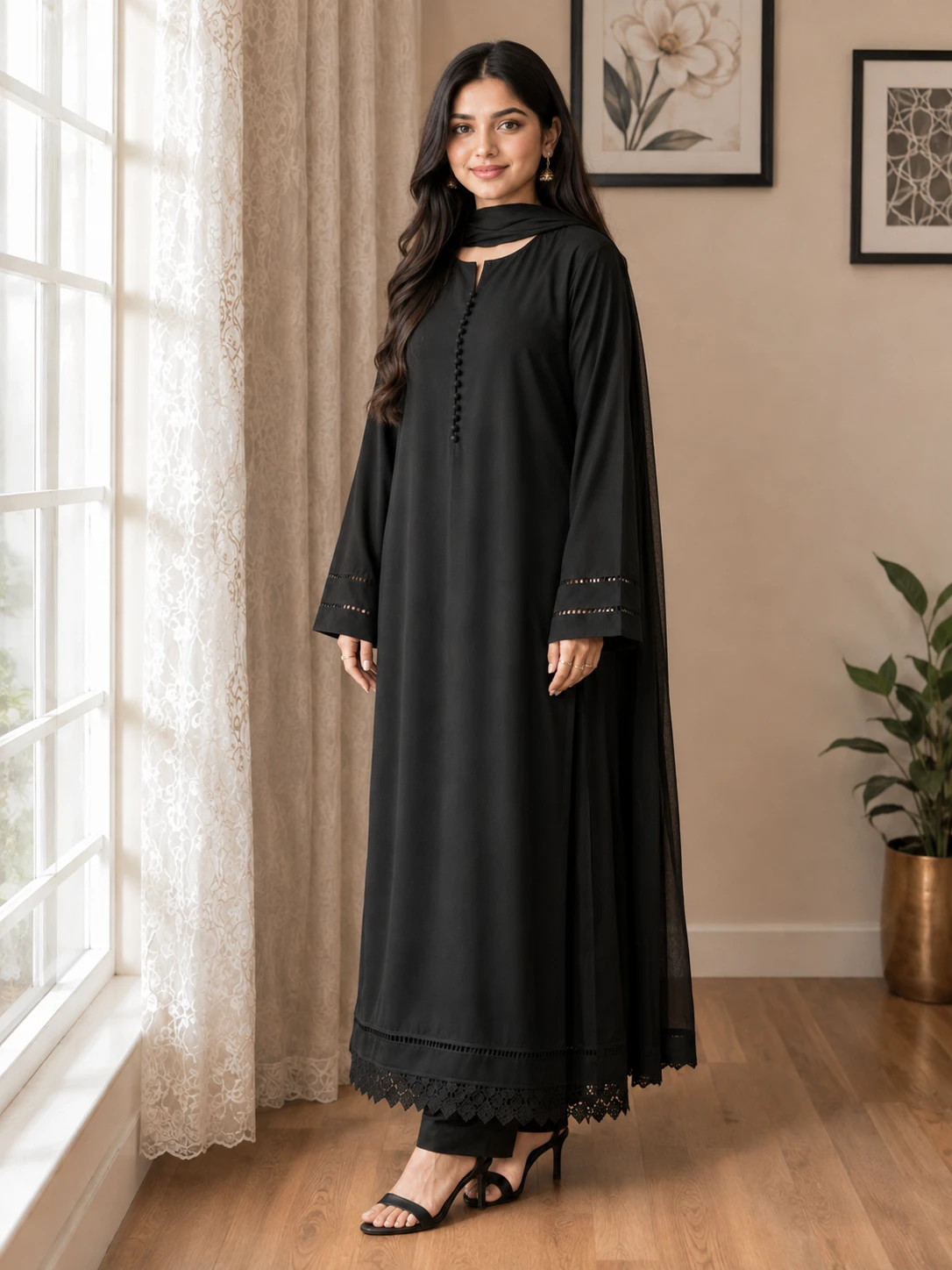Black Cotton Suit 2pc with Lace Detailing image 4