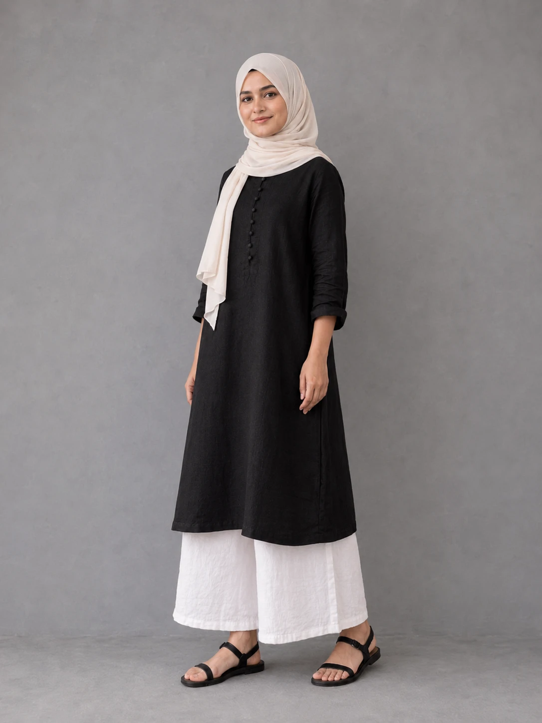Black and White Cotton Suit with Chiffon Scarf image 6