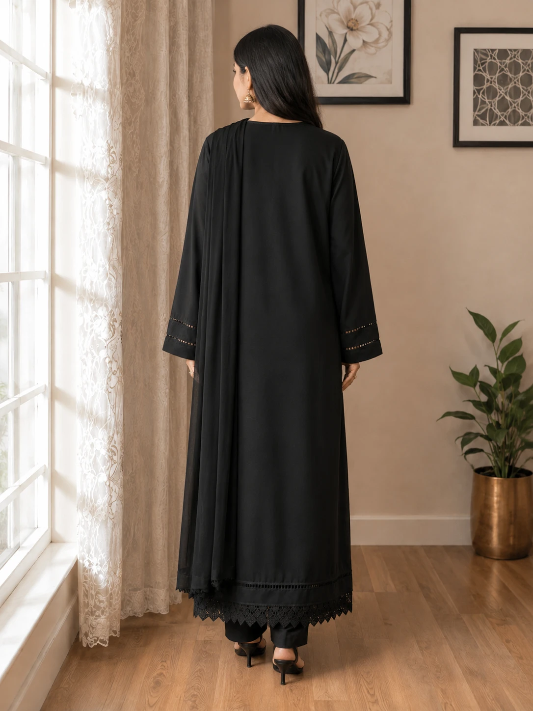 Black Cotton Suit 2pc with Lace Detailing image 3
