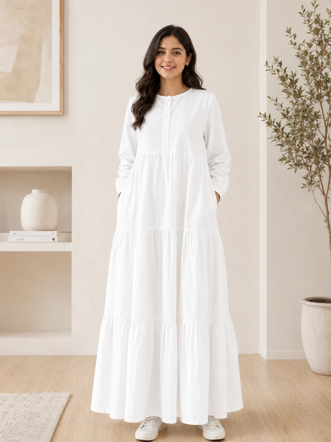 White Cotton Tiered Maxi Dress image 2