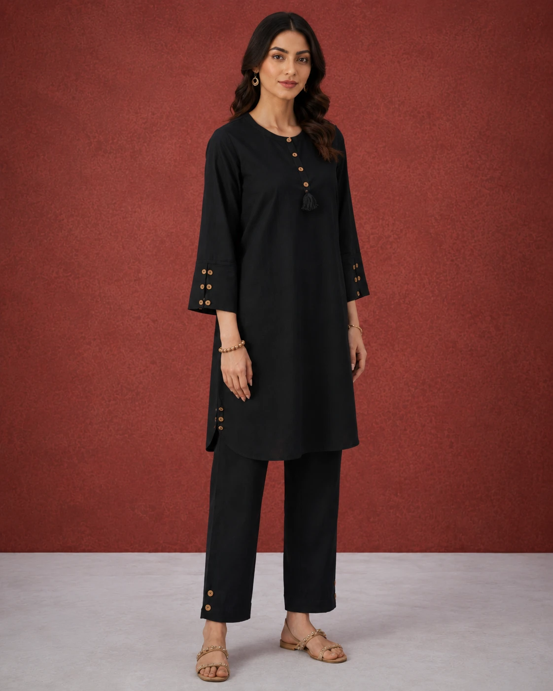 Black Wooden Button Cotton Suit image 6