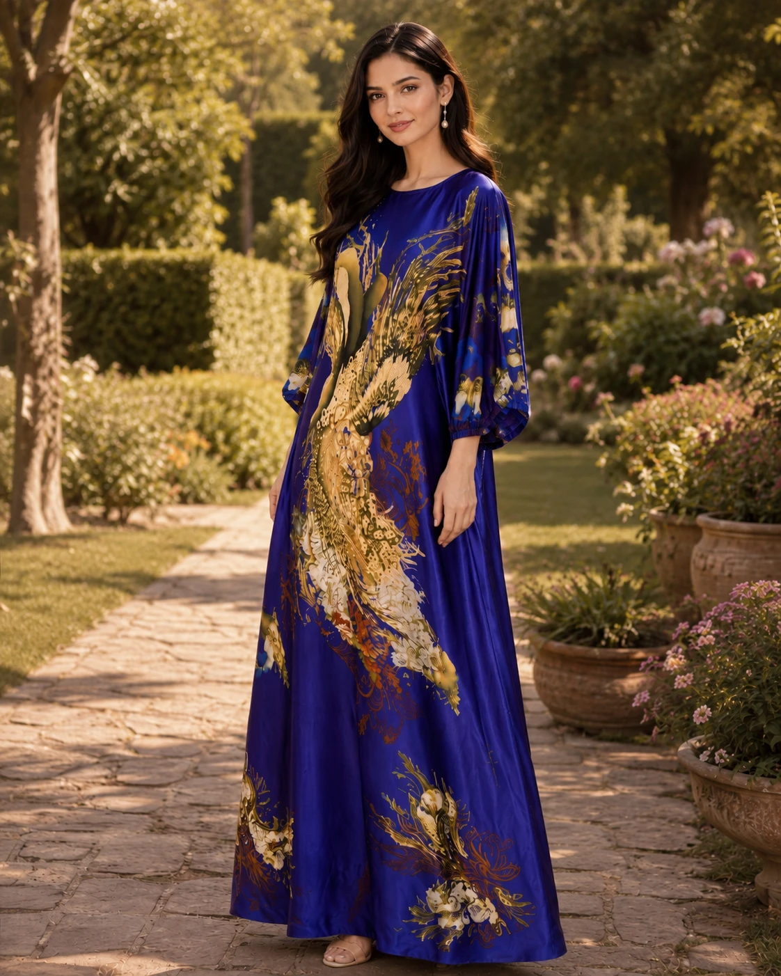 Flowy Digital Print Silk Long Kaftan