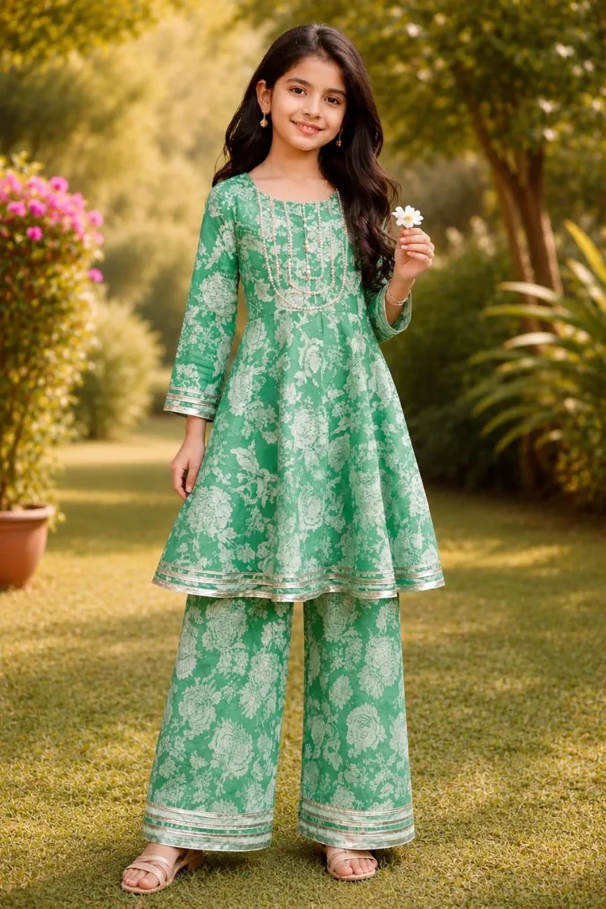 Premium summer cotton with gotta work, top panels frock and flared pant