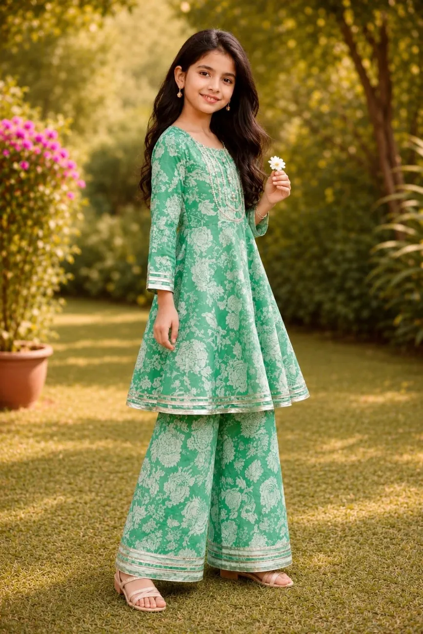 Premium summer cotton with gotta work, top panels frock and flared pant