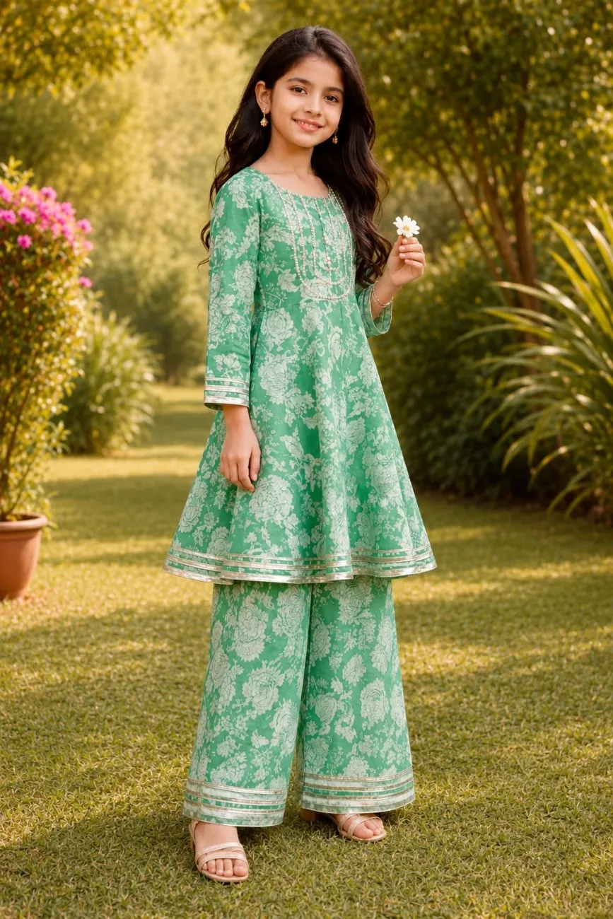 Premium summer cotton with gotta work, top panels frock and flared pant