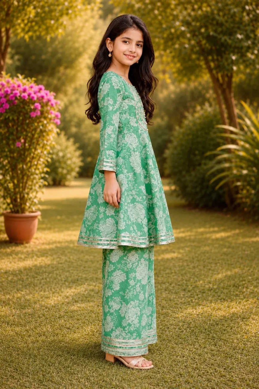 Premium summer cotton with gotta work, top panels frock and flared pant