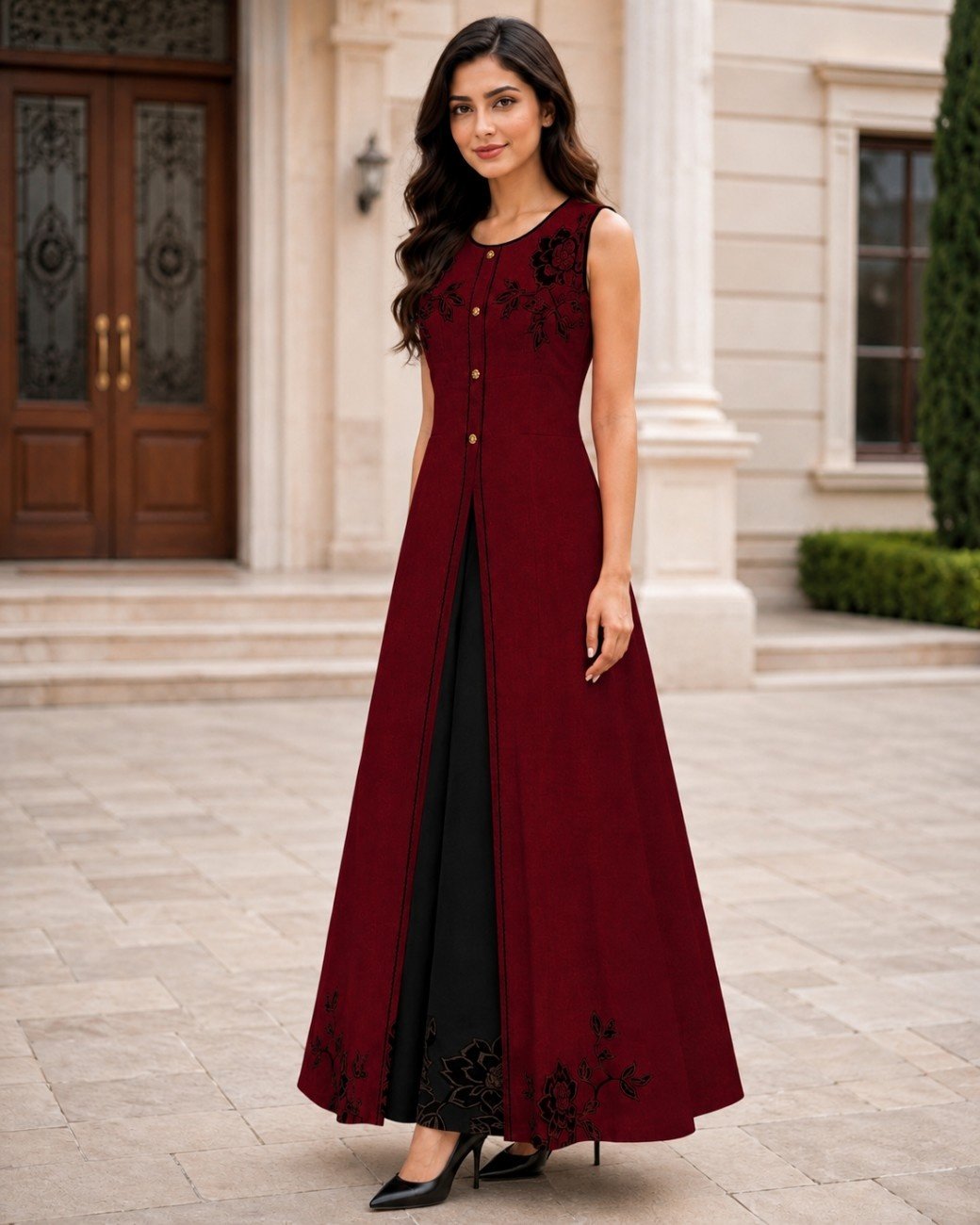 Embroidered Korean Raw Silk Gown and Trouser