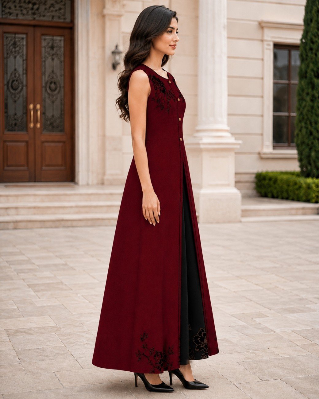 Embroidered Korean Raw Silk Gown and Trouser