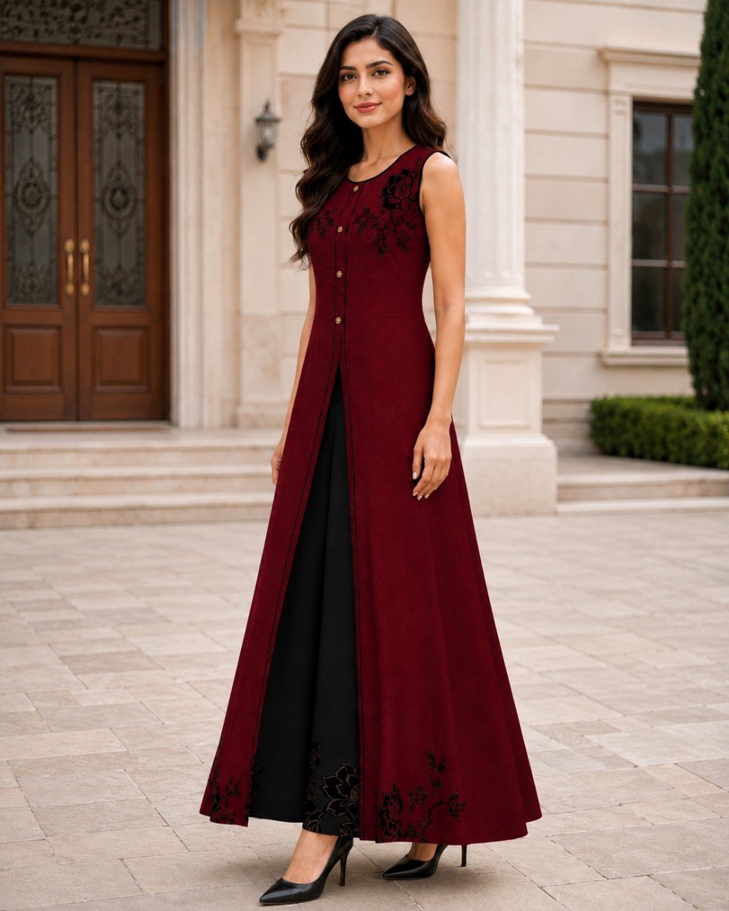 Embroidered Korean Raw Silk Gown and Trouser