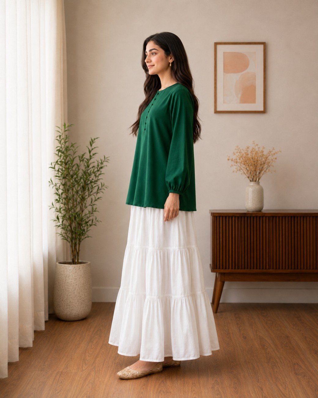 Independence Day Emerald Green Cotton Top & White Linen Skirt