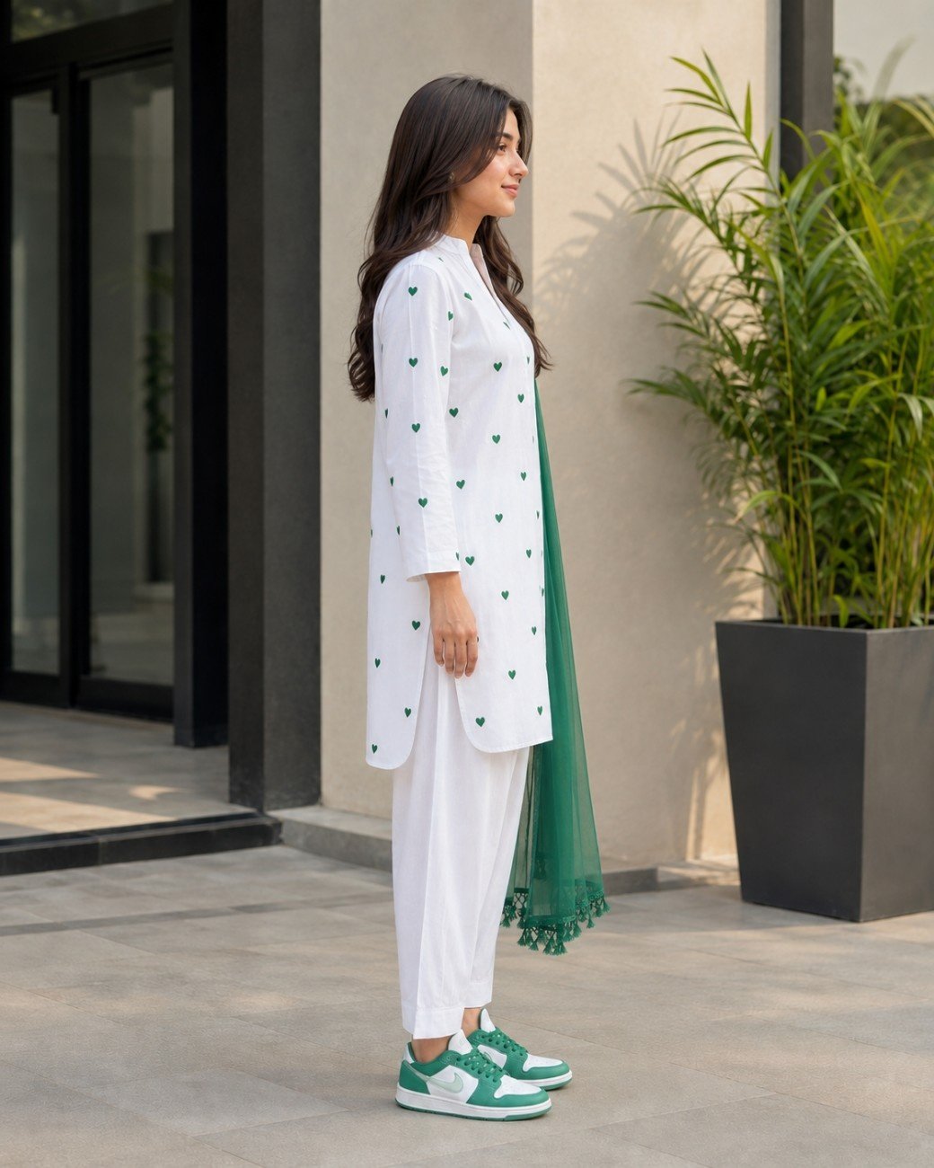 Independence Day Cotton Outfit with Green Heart Embroidery