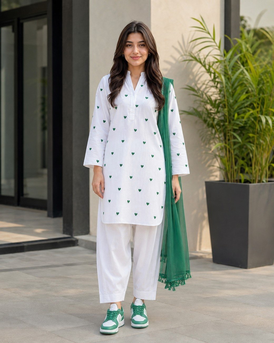Independence Day Cotton Outfit with Green Heart Embroidery
